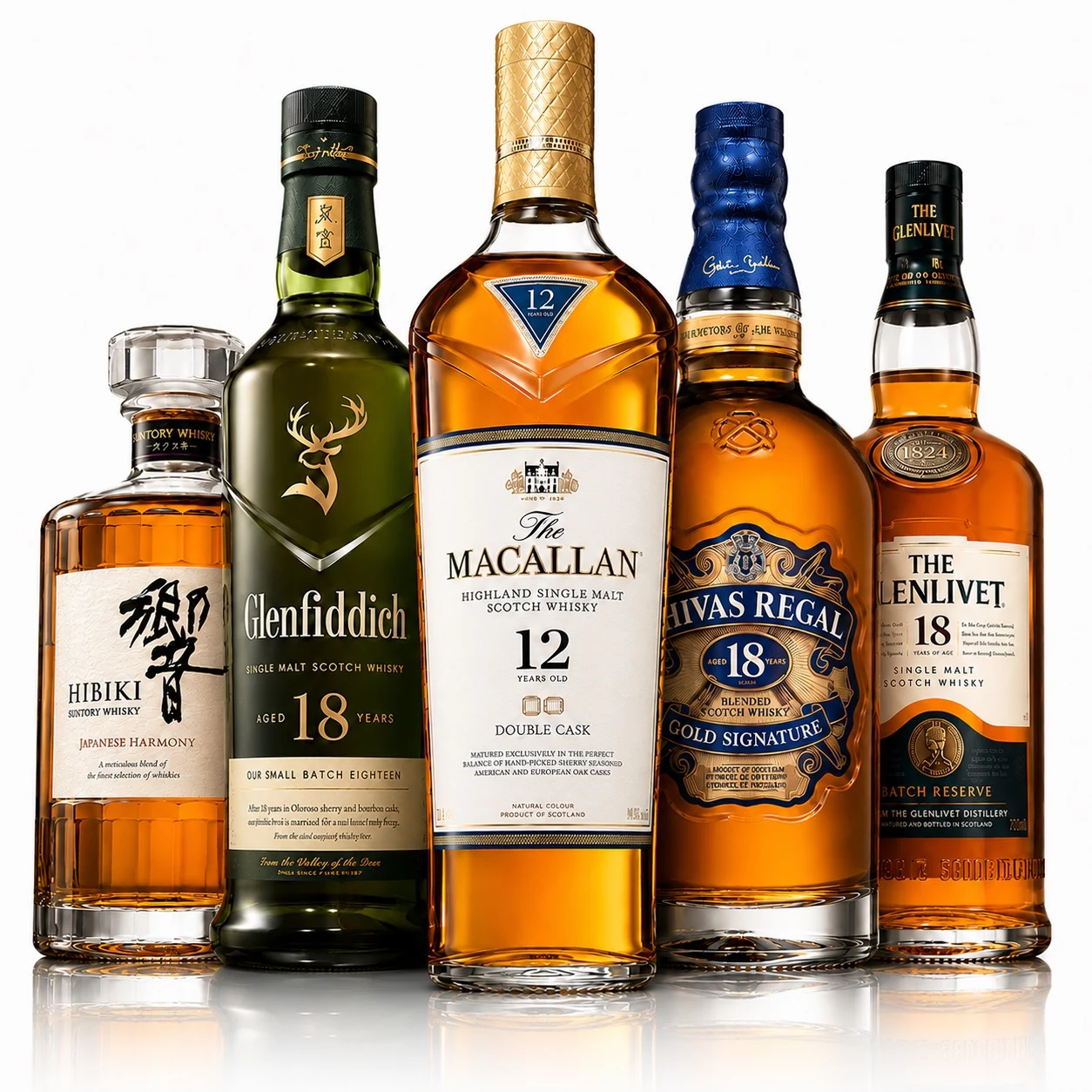 Le Quintette d’Exception composé de Hibiki Japanese Harmony, Glenfiddich 18 ans, The Macallan 12 ans Double Cask, Chivas Regal 18 ans et The Glenlivet 18 ans